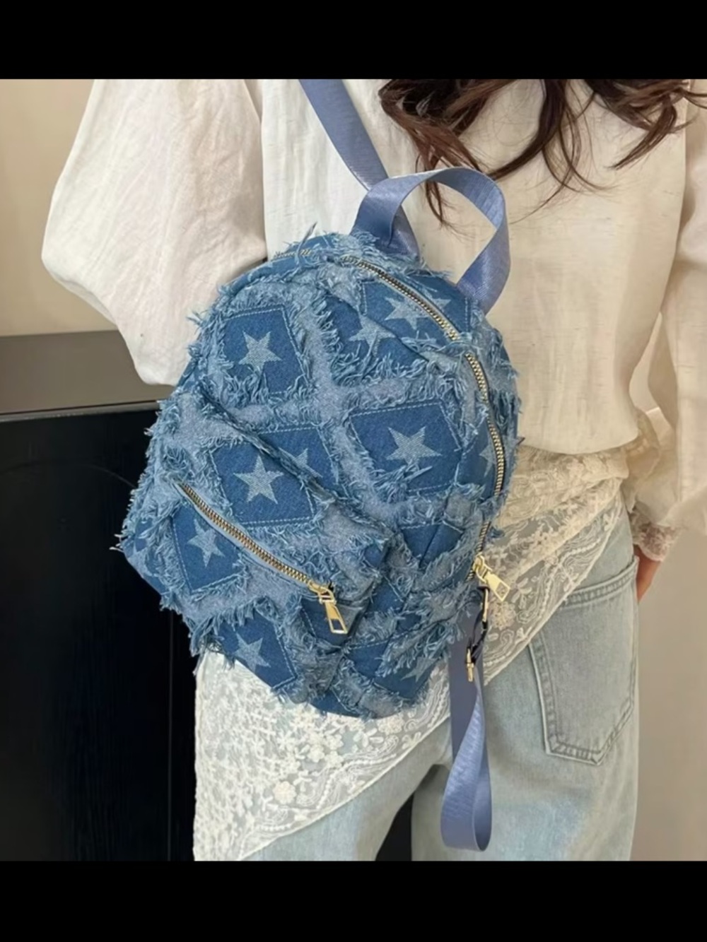 Affordable Fashion Finds Distressed Denim Star Patch Backpack - Blue-mini